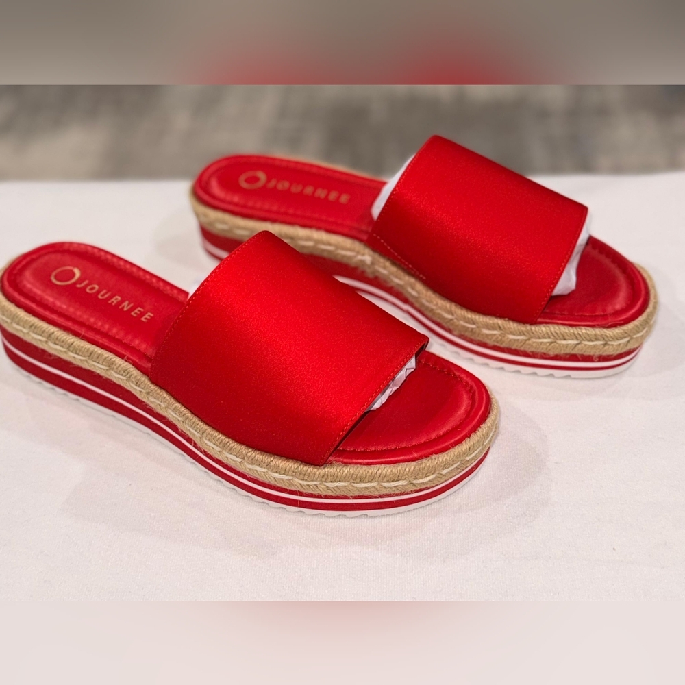 Journee Collection Red  Espadrille Platform Wedge Sandals Slide Mule-Size 10 NIB